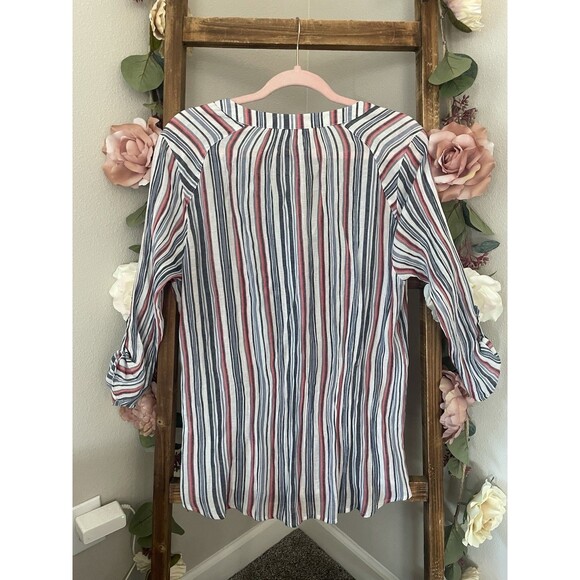 Christopher & Banks Striped V-Neck Blouse with Roll-Up Sleeves Lightweight - Picture 3 of 5